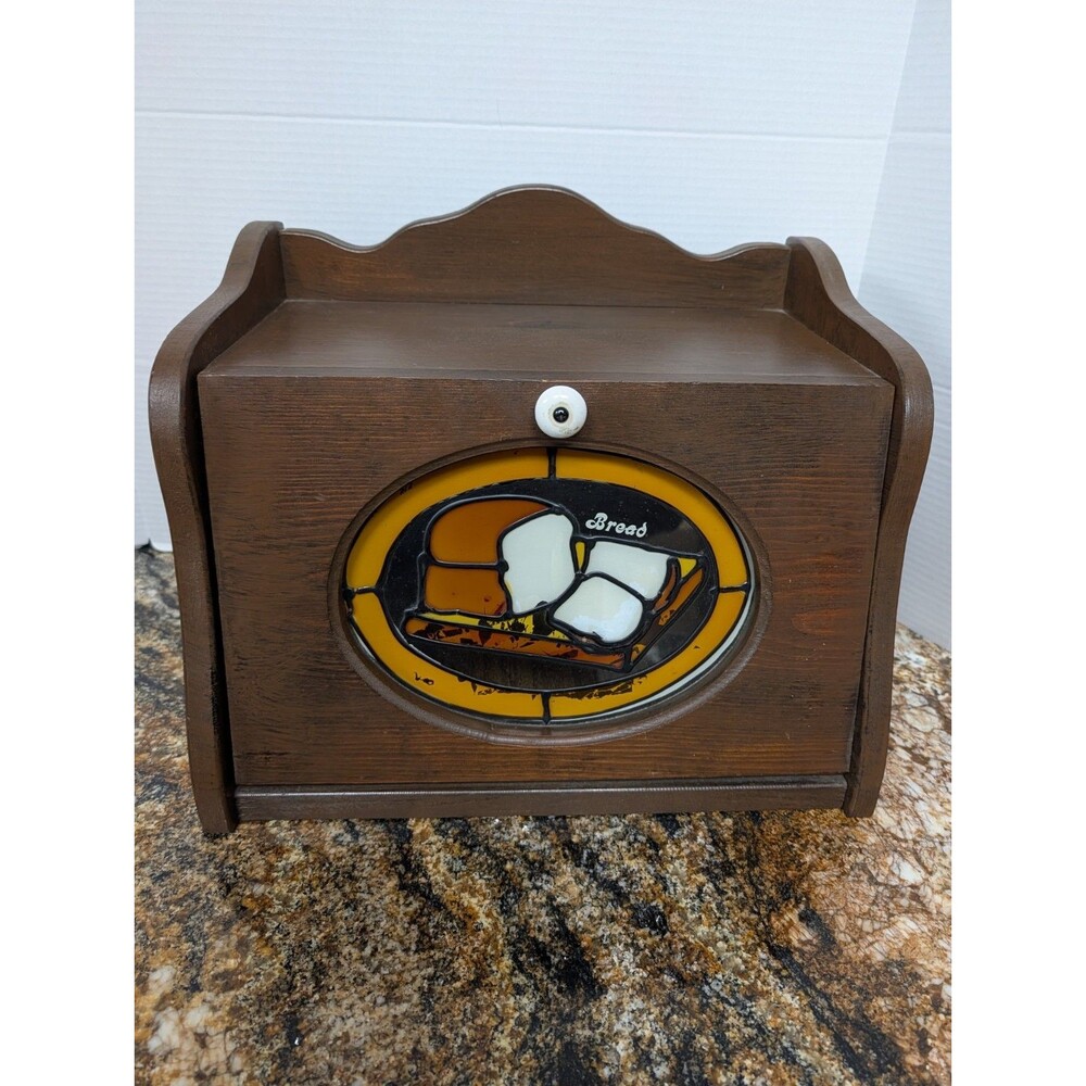 Vintage Wooden Bread Box With Stain Glass Window Bread Slices Some Repaint